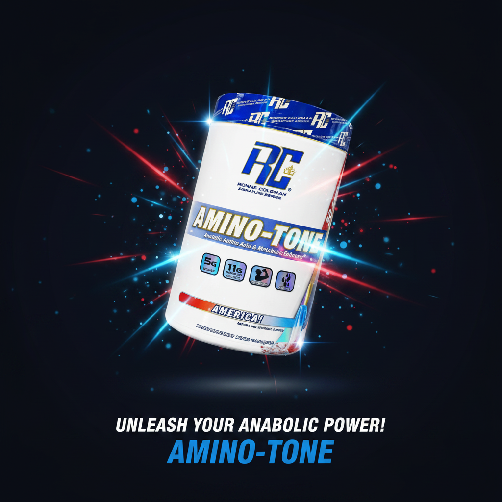 Aminoácidos RCSS Amino-Tone Ronnie Coleman, pote com 30 porções, suplemento para recuperação muscular e energia.