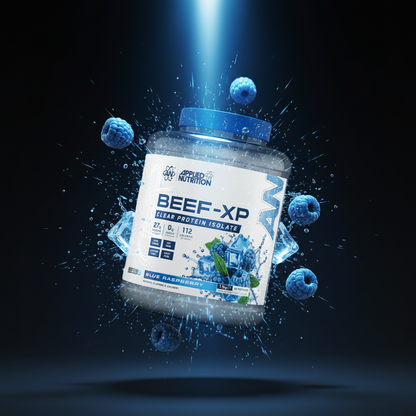 Imagem de embalagem de Beef-XP 1,8kg da Applied Nutrition, mostrando o pote de suplemento de proteína bovina.