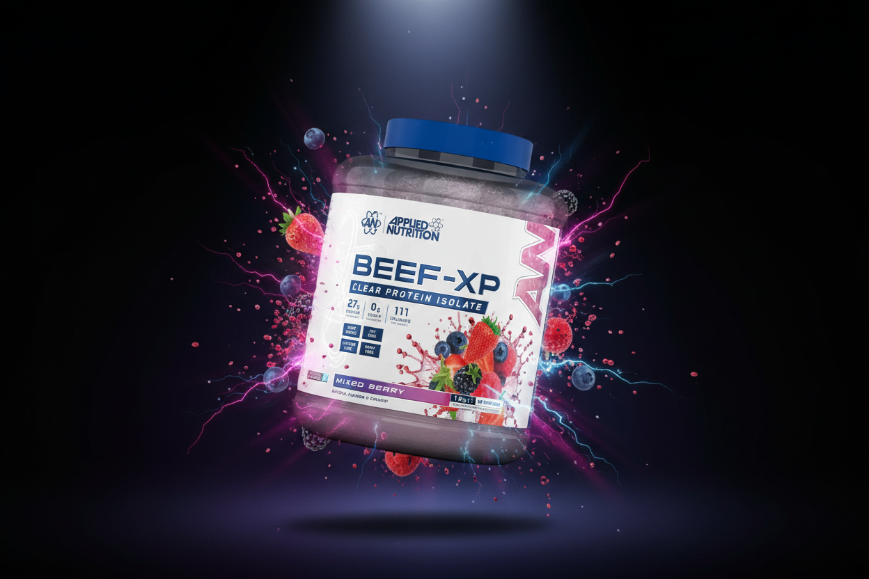 Pote de 1,8kg de Beef-XP da Applied Nutrition, suplemento de proteína de carne, com rótulo visível e tampa na embalagem