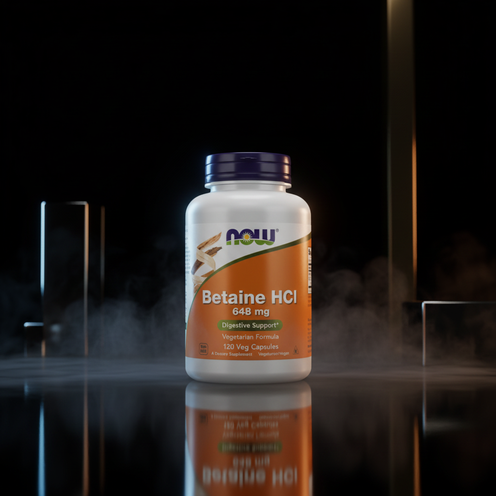 Cápsulas de Betaine HCI 648mg da NOW, suplemento para digestão, com 120 unidades em embalagem de fácil consumo.