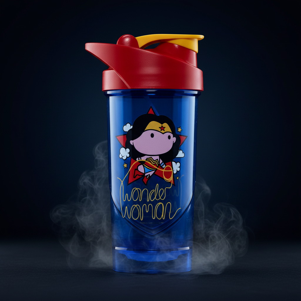 Shaker Mini Wonder Woman ShieldMixer de 700ml com design da super-heroína, ideal para bebidas energéticas e shakes.