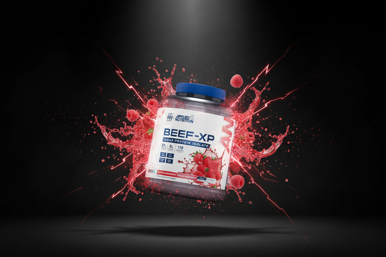 Saco de suplemento Beef-XP de 1,8kg da Applied Nutrition, embalagem com detalhes do produto e marca visíveis.