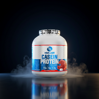 Pote de 2kg de proteína de caseína da YAVA Labs, com rótulo branco e detalhes em azul, mostrando a embalagem do produto