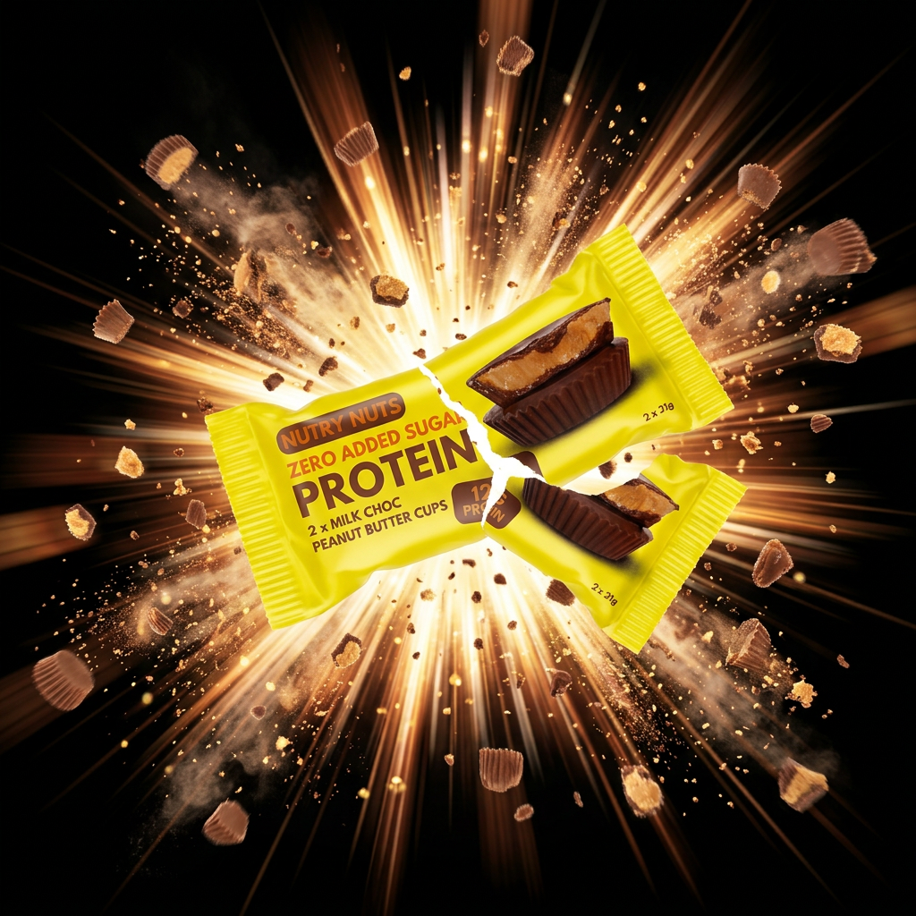 Copo de proteína Butter Cups de 42g da NUTRYNUTS, com chocolate e manteiga de amendoim, em embalagem fechada.