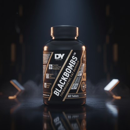 Pacotes de BlackBombs, suplemento de 60 comprimidos da marca Dorian Yates, com cápsulas pretas e embalagem.