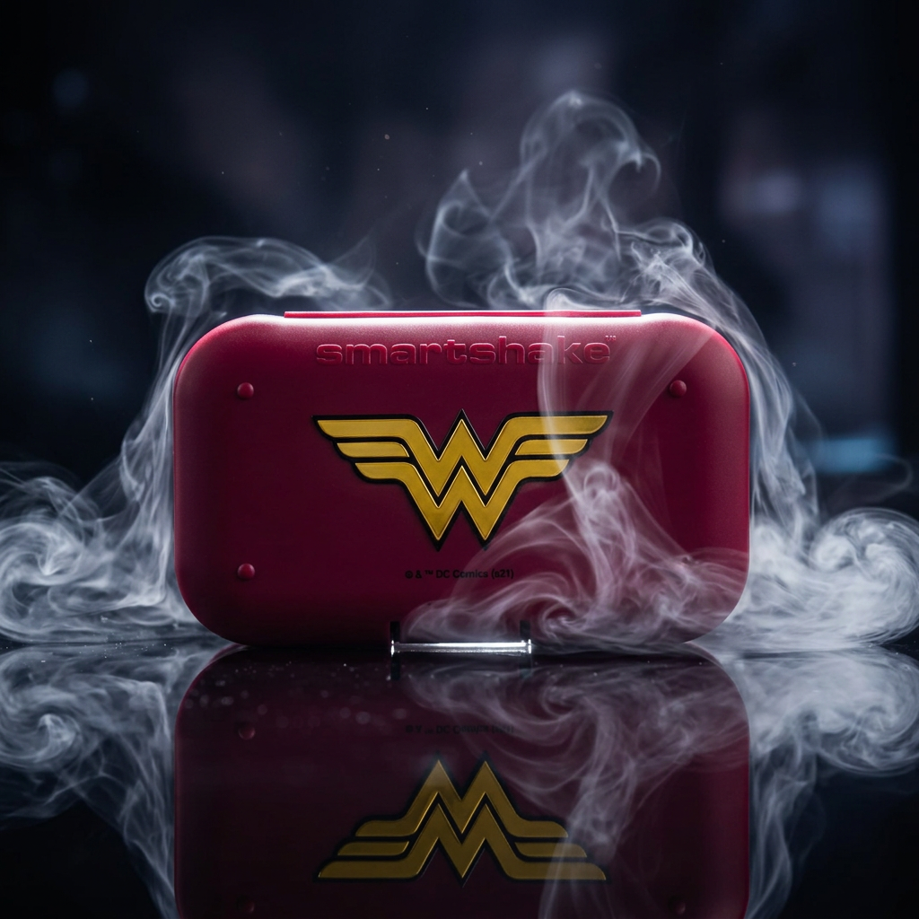 Organizador de comprimidos Smartshake DC Comics Wonder Woman da ShieldMixer, com compartimentos coloridos para medicamentos.