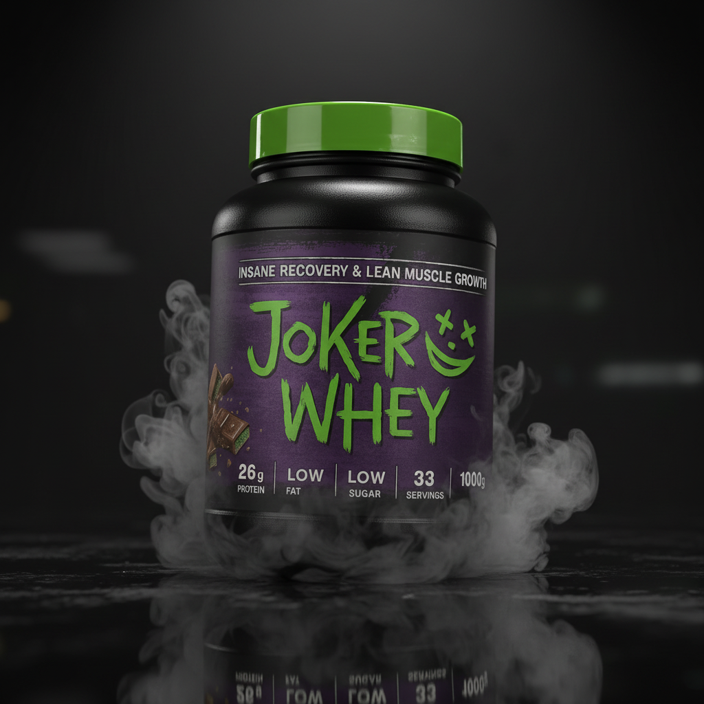Proteína Joker Whey 1kg, pó de suplemento de proteína com embalagem visível, ideal para atletas e praticantes de musculação.