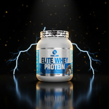 Pote de 1kg de proteína Elite Whey da marca YAVA Labs, com sabor e rótulo visíveis na embalagem.