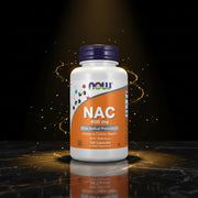 Cápsulas de NAC 600 mg da NOW Foods, embalagem com 100 unidades, suplemento de antioxidantes e suporte à saúde do fígado.
