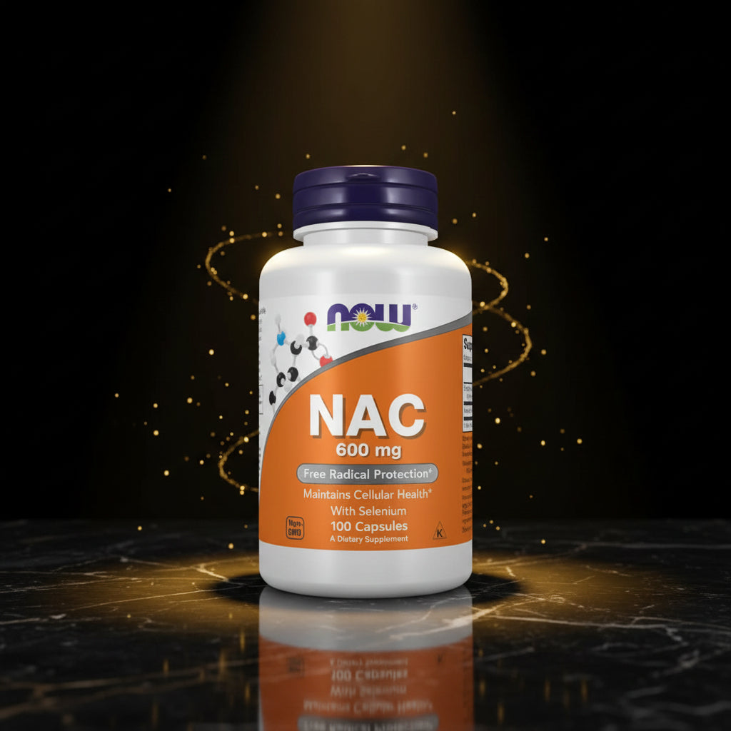 Cápsulas de NAC 600mg da marca NOW, 100 unidades, mostrando as cápsulas em frasco plástico transparente.