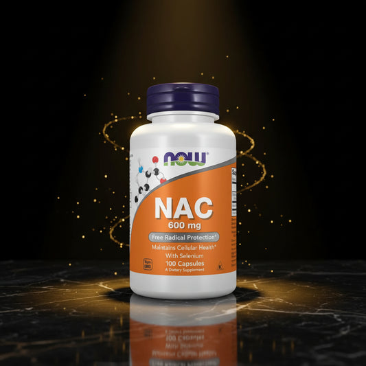 Cápsulas de NAC 600mg da marca NOW, 100 unidades, mostrando as cápsulas em frasco plástico transparente.