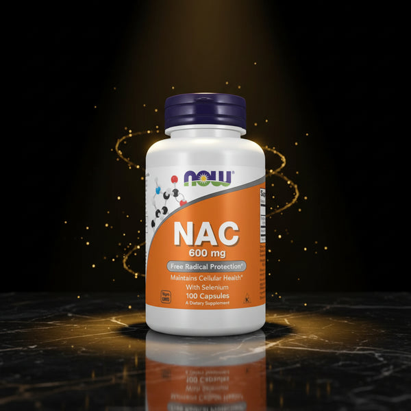 Cápsulas de NAC 600 mg da NOW Foods, embalagem com 100 unidades, suplemento de antioxidantes e suporte à saúde do fígado.