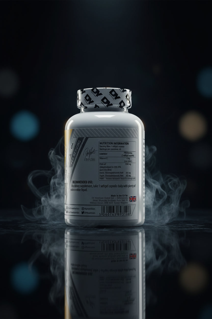 Géis de óleo de peixe Omega 3 da DY Nutrition, marca Dorian Yates, em embalagem com 60 unidades, vista da embalagem.