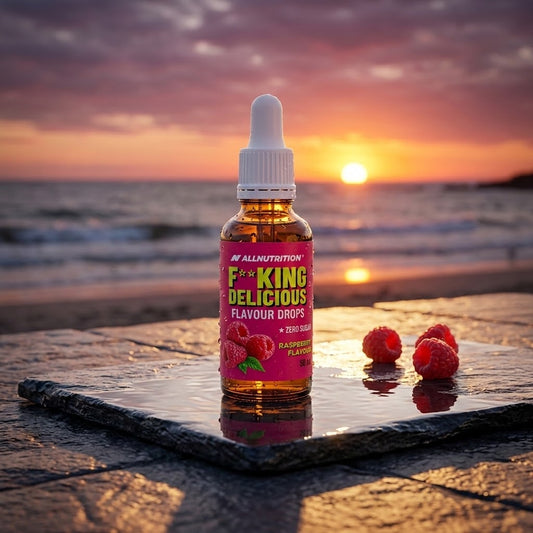 Gotas de sabor Fitking Delicious Flavour Drops ALLNutrition, framboesa, 50ml, embalagem com gotas de sabor para alimentos e bebidas