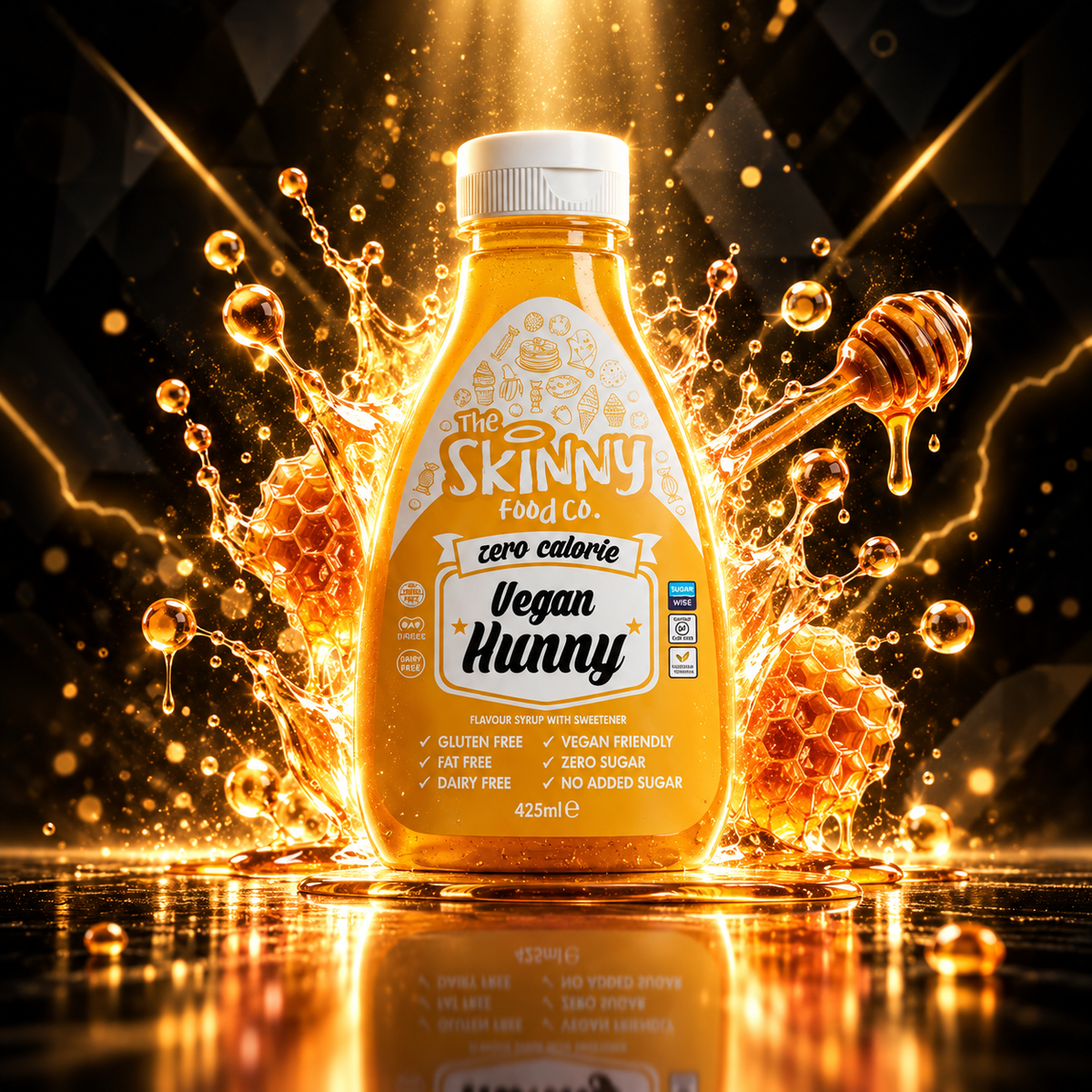 Molho Skinny Sauces da The Skinny Food Co. em embalagem de 425 ml, mostrando a garrafa com rótulo colorido e tampa preta