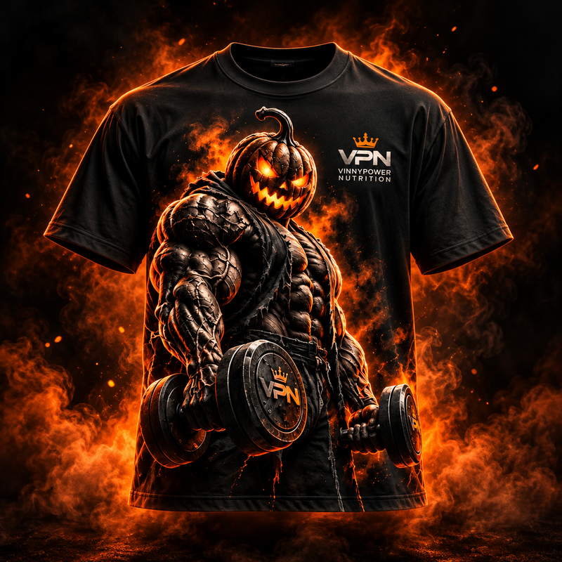 Camiseta VPN Halloween Edition Trick or Treat da VinnyPowerNutrition com design de abóbora e tema de Halloween.