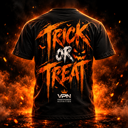 Camiseta VPN Halloween Edition Trick or Treat da VinnyPowerNutrition com design de abóbora e tema de festa de Halloween.