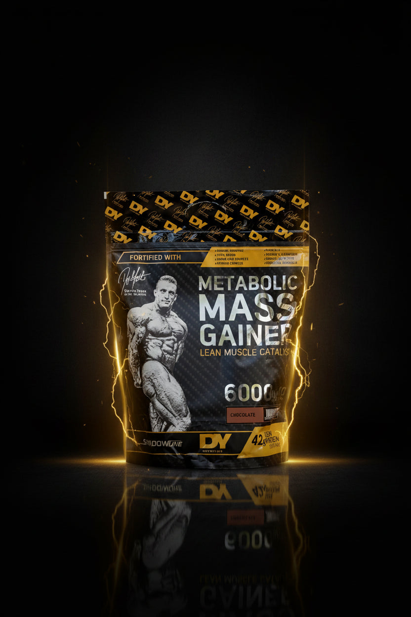 Pote de 6kg de Metabolic Mass Gainer da DY Nutrition com embalagem da VinnyPowerNutrition, com scoop e ingredientes em destaque