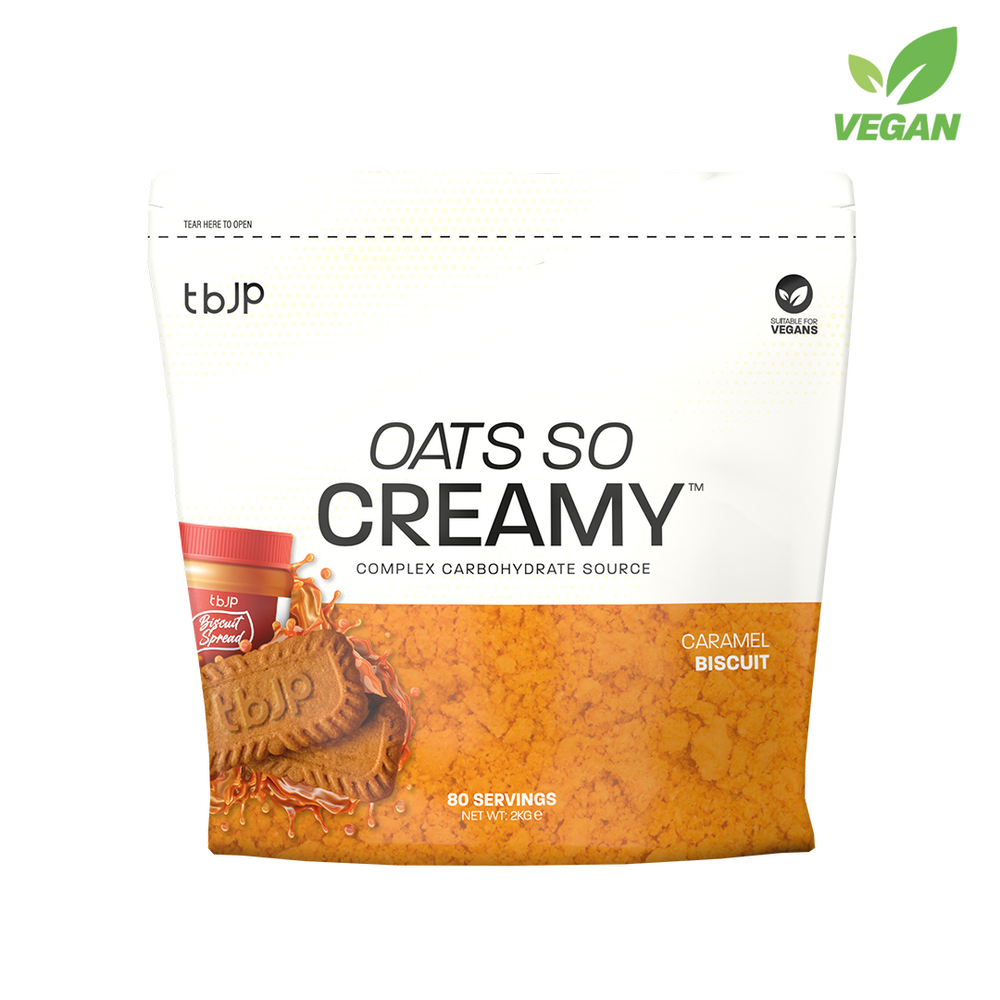 Aveia TBJP Oats So Creamy de 2kg com sabor Caramel Biscuit, produto vegano e cremoso, imagem do pacote com design atraente.