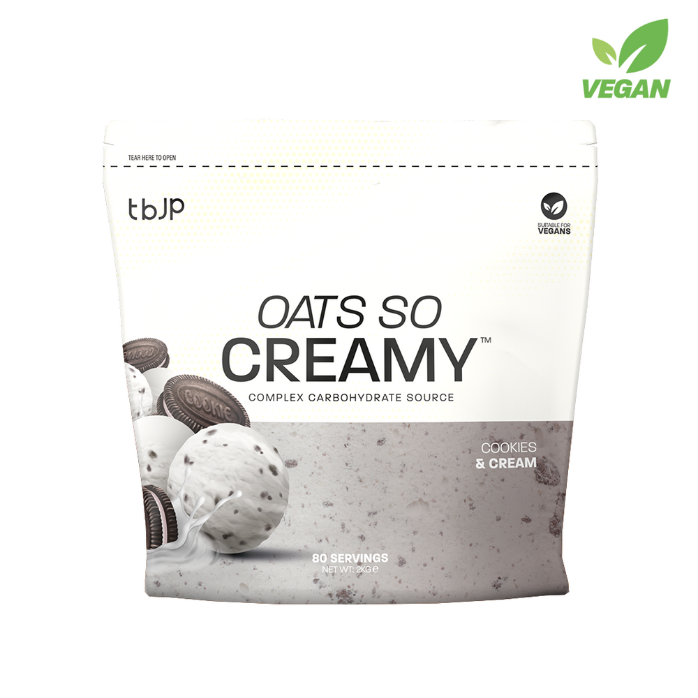 Ovos de aveia "Oats So Creamy" da TBJP, embalagem de 2kg, com destaque para o rótulo e a textura cremosa do produto.