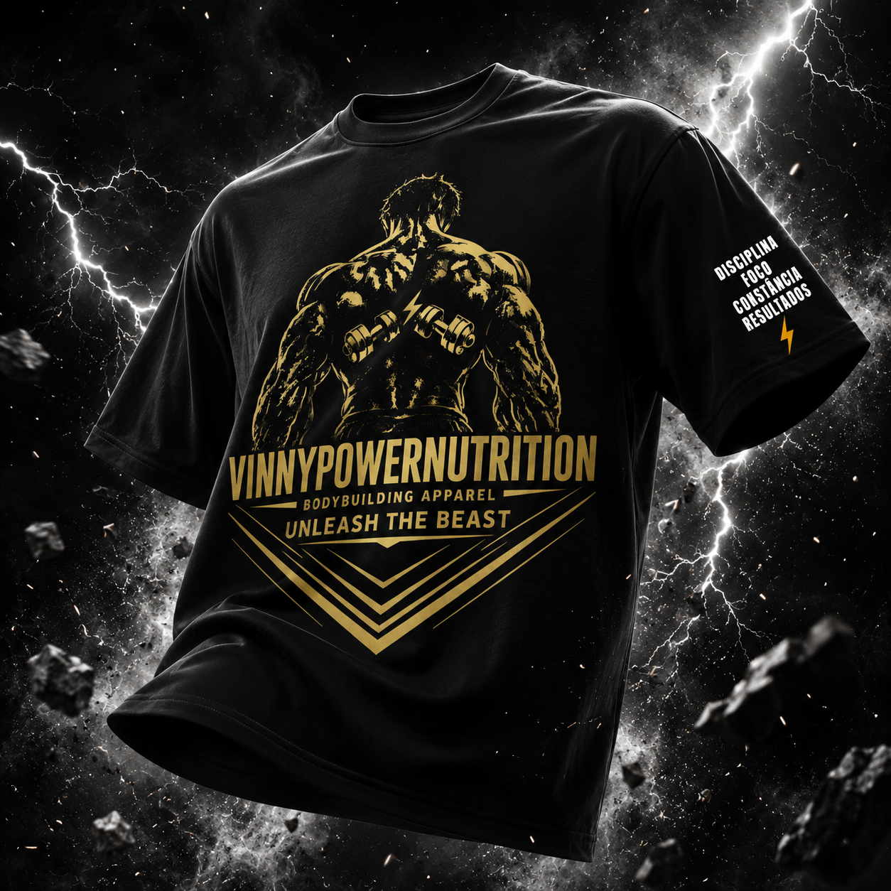 Camisa oversized VinnyPowerNutrition Unleash The Beast com estampa preta e detalhes gráficos em fundo branco.