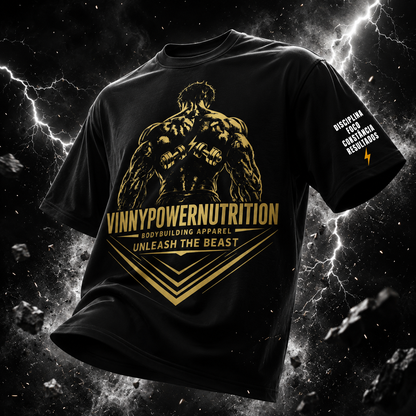 Camisa oversized VinnyPowerNutrition Unleash The Beast com estampa preta e detalhes gráficos em fundo branco.
