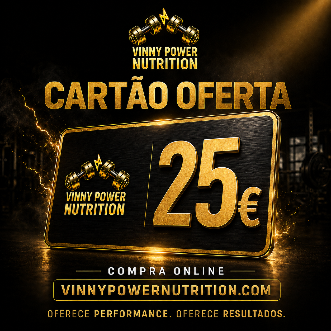 Cartão-presente VPN VinnyPowerNutrition, destaque visual com código e embalagem, ideal para presente de proteção online.