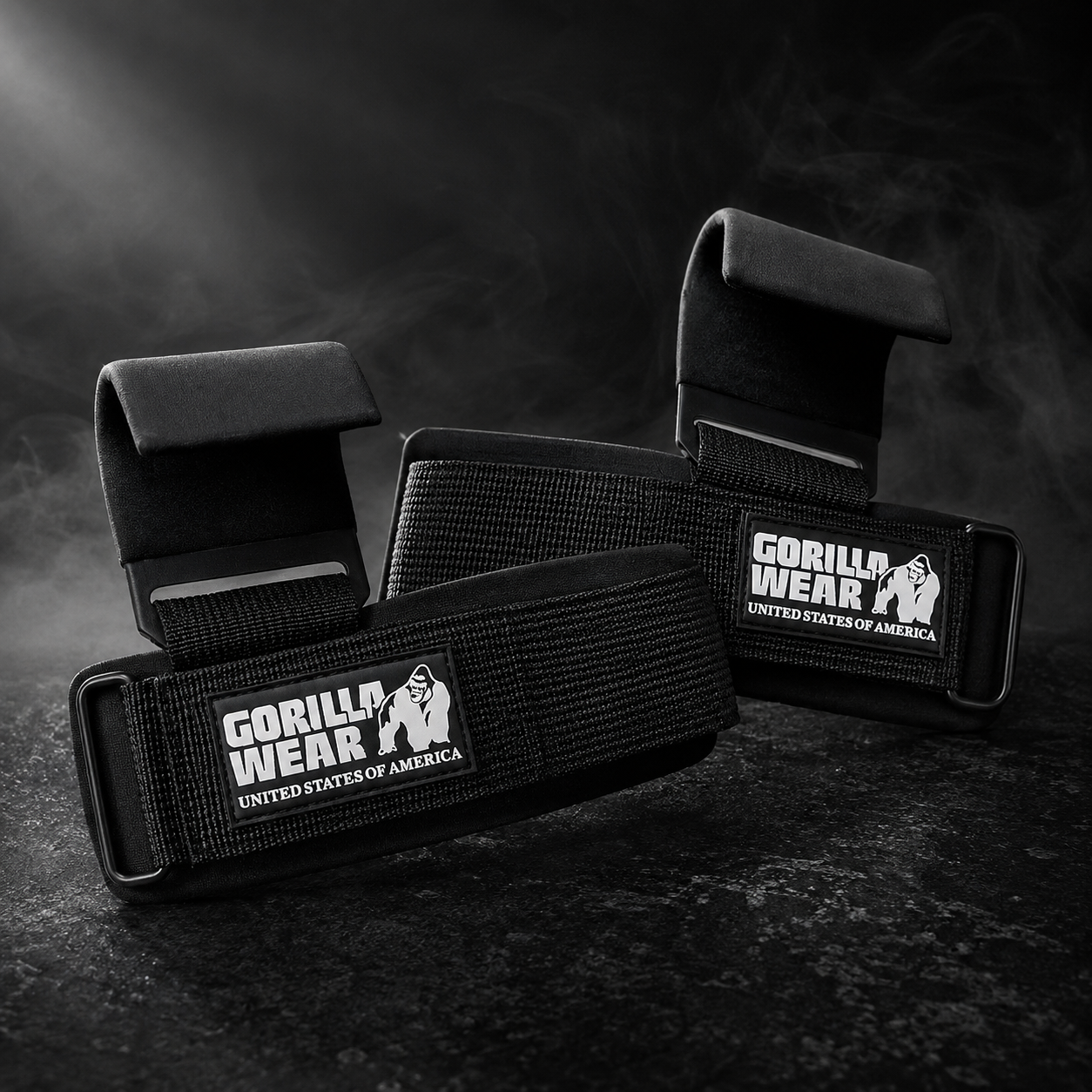 Ganchos de levantamento de peso Gorilla Wear para suporte e segurança durante treinos de musculação.