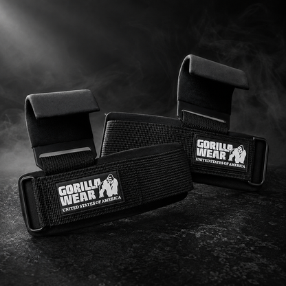 Ganchos de levantamento de peso Gorilla Wear para suporte e segurança durante treinos de musculação.