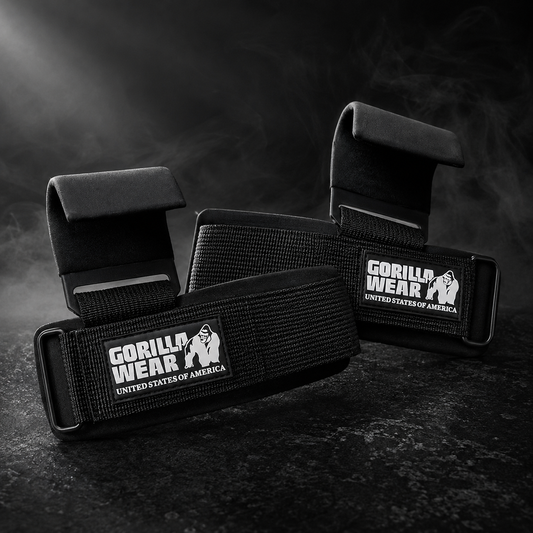 Gancho para levantamento de peso Gorilla Wear, resistente e confortável, usado em treinos de musculação para melhor suporte das mãos.