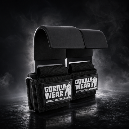 Gorilla Wear hooks para levantamento de peso, reforçados e confortáveis, usados para melhorar a pegada durante treinos de força.