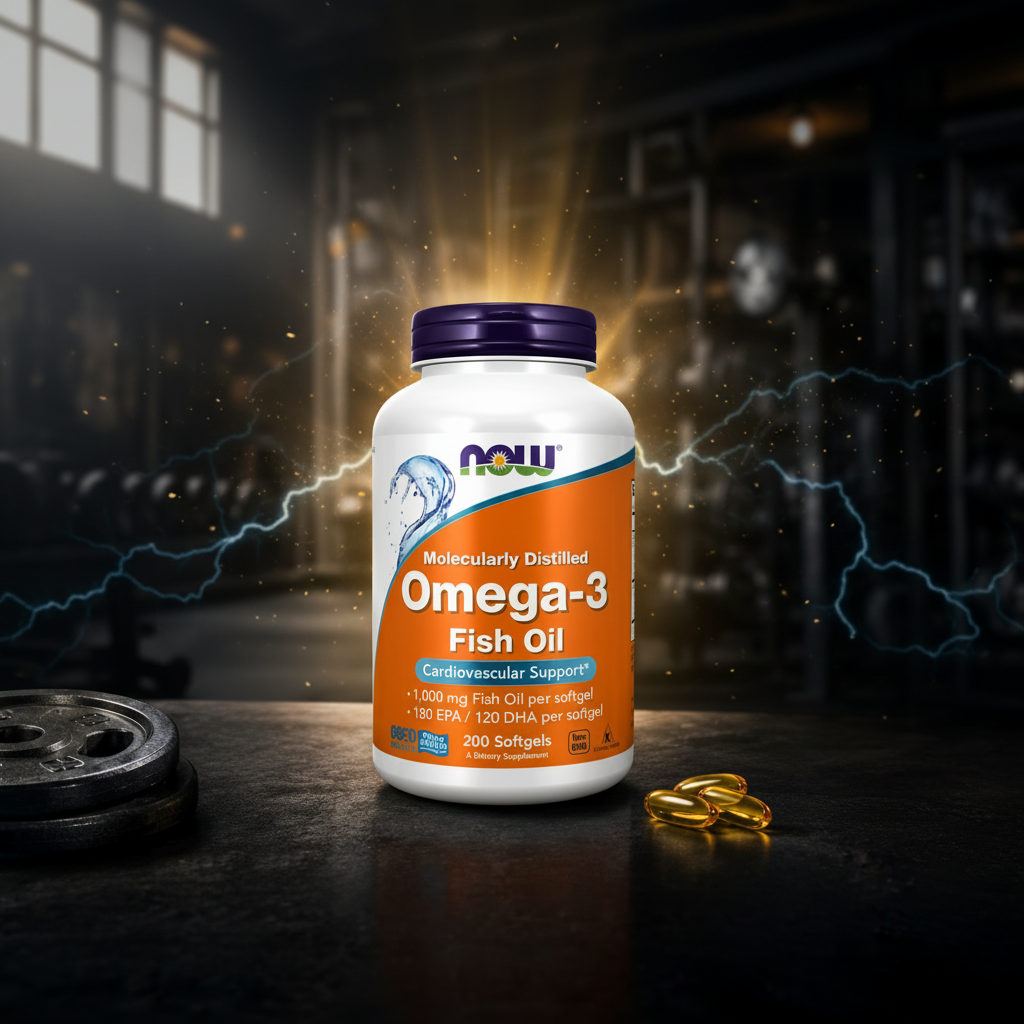 Cápsulas de óleo de peixe Omega 3 da NOW, 200 softgels, mostradas em frasco transparente com cápsulas douradas.