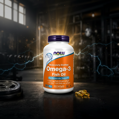 Cápsulas de ômega 3 molecularmente destilado da NOW, 200 softgels, em frasco transparente com cápsulas douradas.