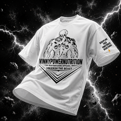 Camisa oversized VinnyPowerNutrition Unleash The Beast preta com detalhes em preto e branco, estilo casual e confortável.