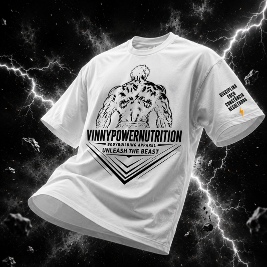 Camisa oversized VinnyPowerNutrition Unleash The Beast preta com detalhes em preto e branco, estilo casual e confortável.