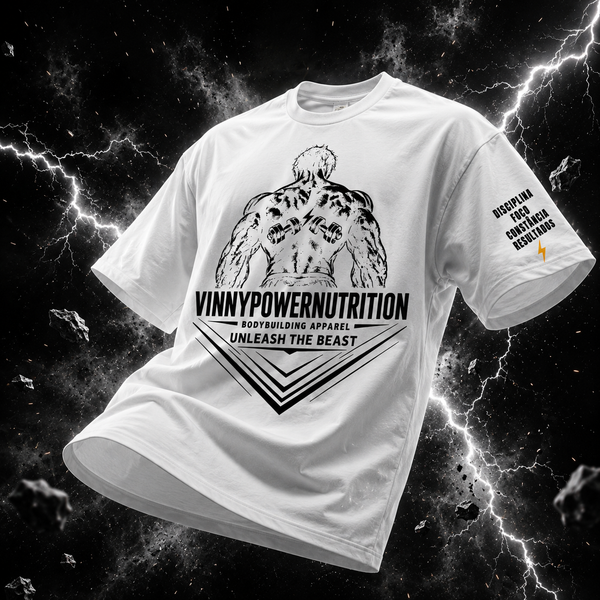 Camisa oversized VinnyPowerNutrition Unleash The Beast preta com detalhes em preto e branco, estilo casual e confortável.