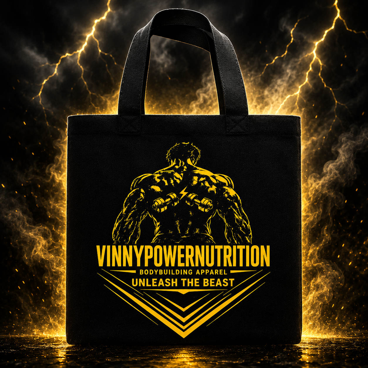 Saco de praia VinnyPowerNutrition Unleash The Beast com alças resistentes e design espaçoso para transporte de itens de praia.
