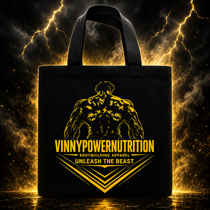 Saco de praia VinnyPowerNutrition Unleash The Beast com alças resistentes e design espaçoso para transporte de itens de praia.
