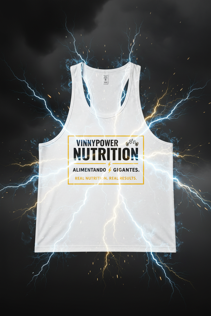 VinnyPowerNutrition Regata tank top in black with white logo, lightweight athletic sleeveless shirt for training or casual wear