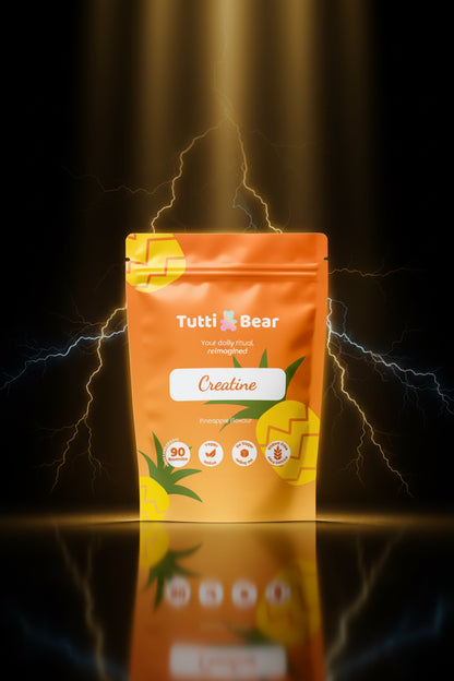 Gomas de creatina tutti Bear com sabor abacaxi, suplemento de energia em gummies para atletas e praticantes de fitness.