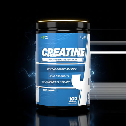 Creatina TBJP 500g em pote branco com rótulo, destacando o produto em embalagem de plástico transparente