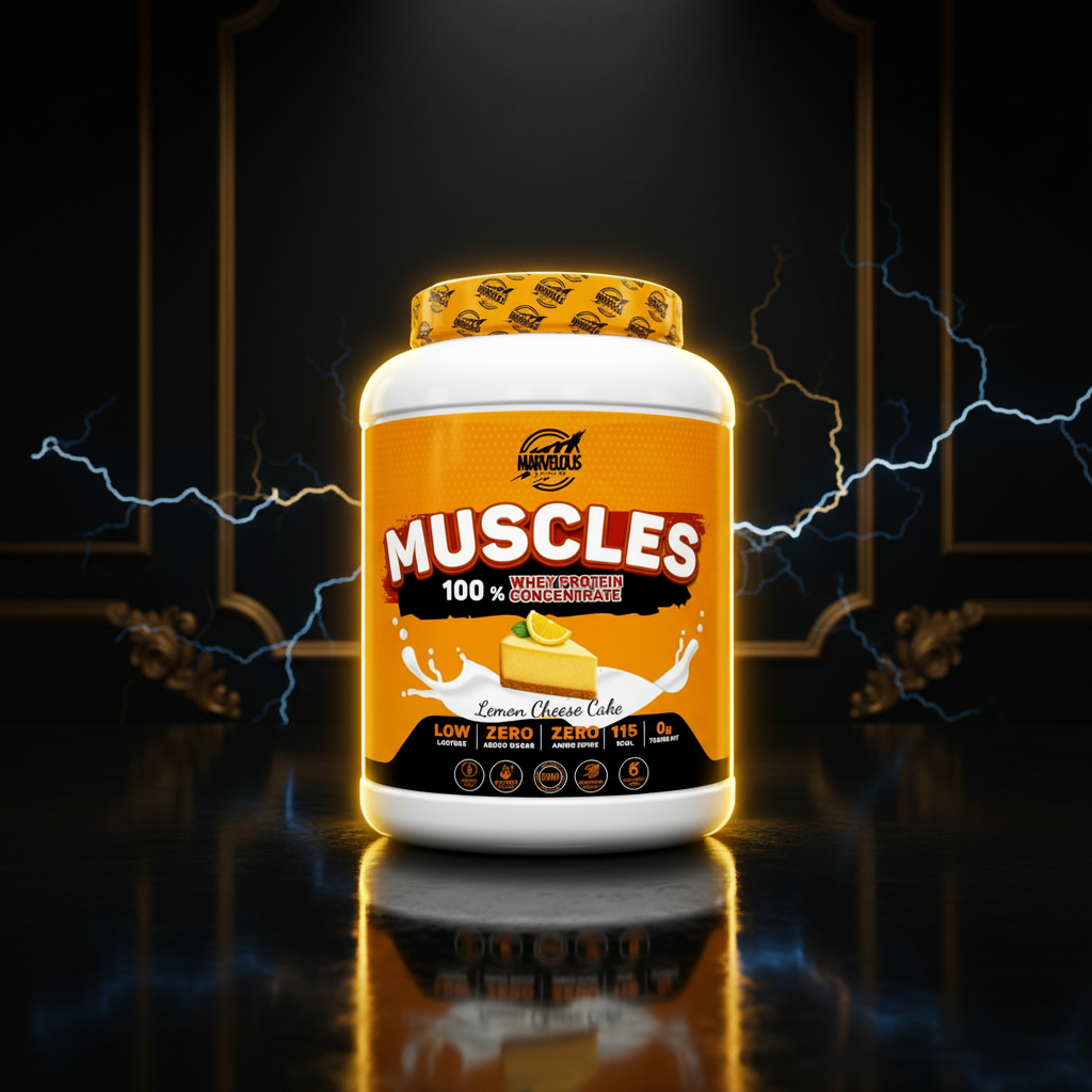 Pote de 2kg de Muscles Whey Protein da marca Marvellous, com rótulo branco e detalhes em azul.