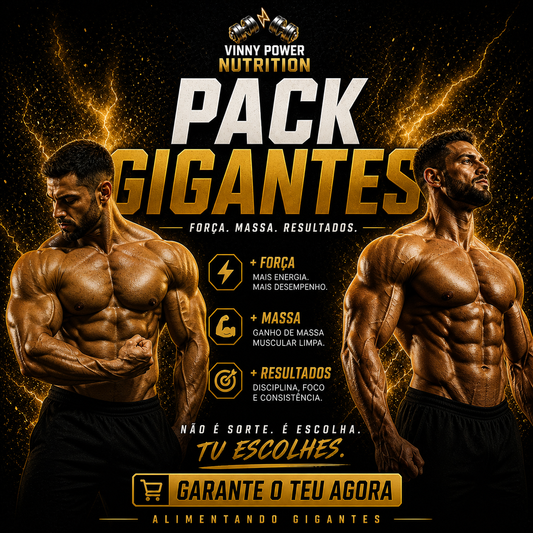 Pacote de suplementos Gigantes da VinnyPowerNutrition, com várias cápsulas grandes e coloridas para desempenho e energia