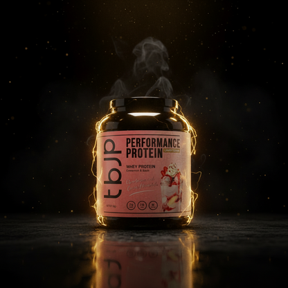 Pote de 2kg de Performance Protein Limited Edition da TBJP, com rótulo preto e detalhes em branco e dourado.