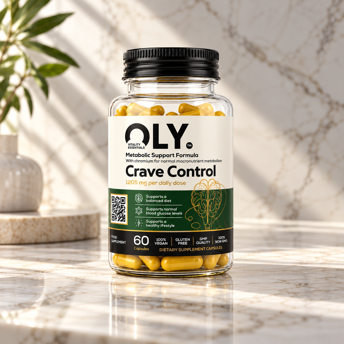 Frasco OLY Crave Control 1205 mg com 60 cápsulas sobre mármore iluminado pelo sol