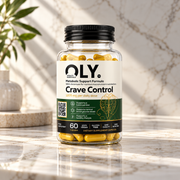 Frasco OLY Crave Control 1205 mg com 60 cápsulas sobre mármore iluminado pelo sol