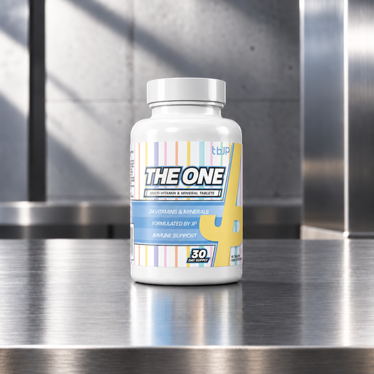 Frasco de multivitaminas TBJP THE ONE, fórmula completa de vitaminas e minerais em embalagem de aço escovado.