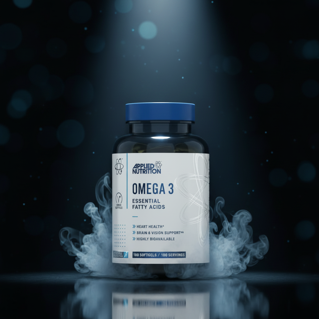 Softgels de ômega 3 VinnyPowerNutrition, 100 cápsulas, mostrando as cápsulas gelatinosas em frasco transparente.