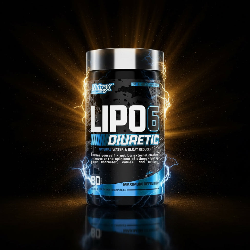 Nutrex LIPO 6 Black Diuretic bottle with 80 capsules, featuring black and gold packaging and supplement label.