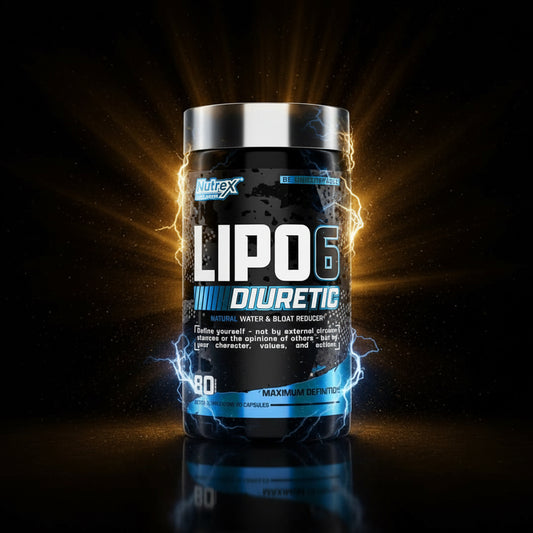 Nutrex LIPO 6 Black Diuretic bottle with 80 capsules, featuring black and gold packaging and supplement label.